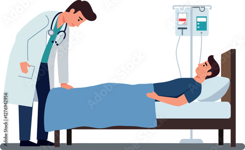 Doctor in a white coat checking a patient in a hospital bed with IV drip in a minimal and clean vector illustration