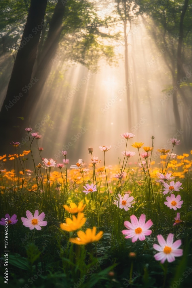 Obraz premium Beautiful colorful wild flowers in deep foggy forest with sun light in Spring.