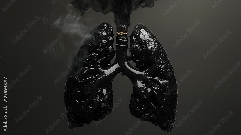 Naklejka premium Disturbing artwork depicting blackened lungs emitting smoke, exploring themes of addiction and health consequences in a darkened environment