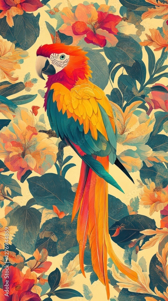 Fototapeta premium Vintage maximalist wallpaper with parrot illustration vibrant bird.