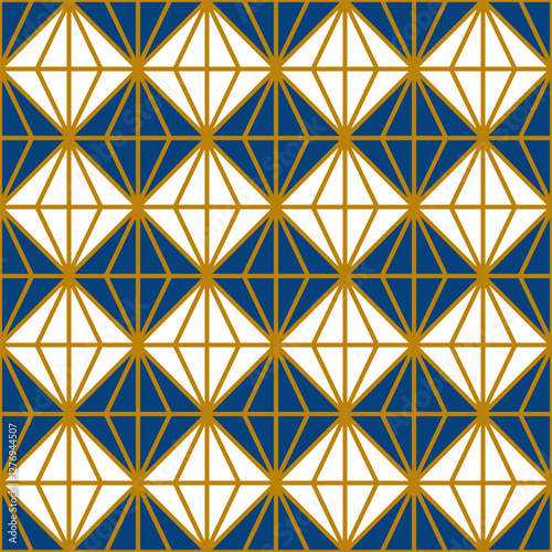 Seamless vector pattern. Colored mosaic background. Rhombuses outlined. White, navy blue, and gold colors.