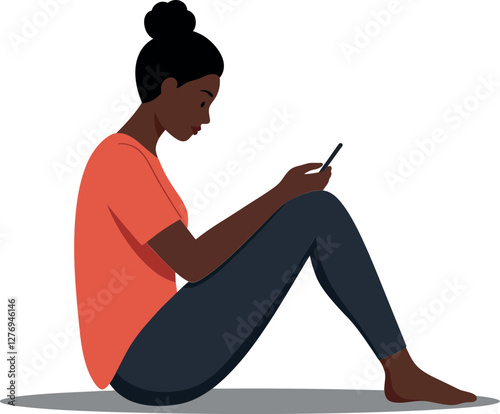 Woman sitting on the floor in casual attire, using a smartphone, flat vector illustration with a calm and introspective mood in a minimalist design style vector art