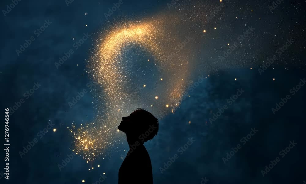 The image presents a silhouette of a person gazing upward, with glowing sparks swirling around, symbolizing imagination, dreams, and the magic of human potential.