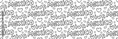 Viva Mexico doodle pattern. Cinco de mayo celebration background. Hand drawn lettering and flowers. For wallpaper or fabric. Hand drawn Vector outline illustration.