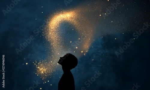 The image presents a silhouette of a person gazing upward, with glowing sparks swirling around, symbolizing imagination, dreams, and the magic of human potential.