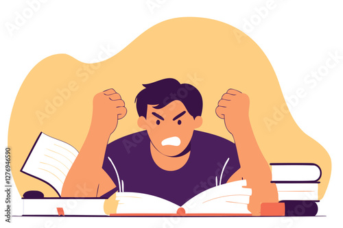 Male student stressed out about exams. Learning process. Exams preparation. Vector illustration