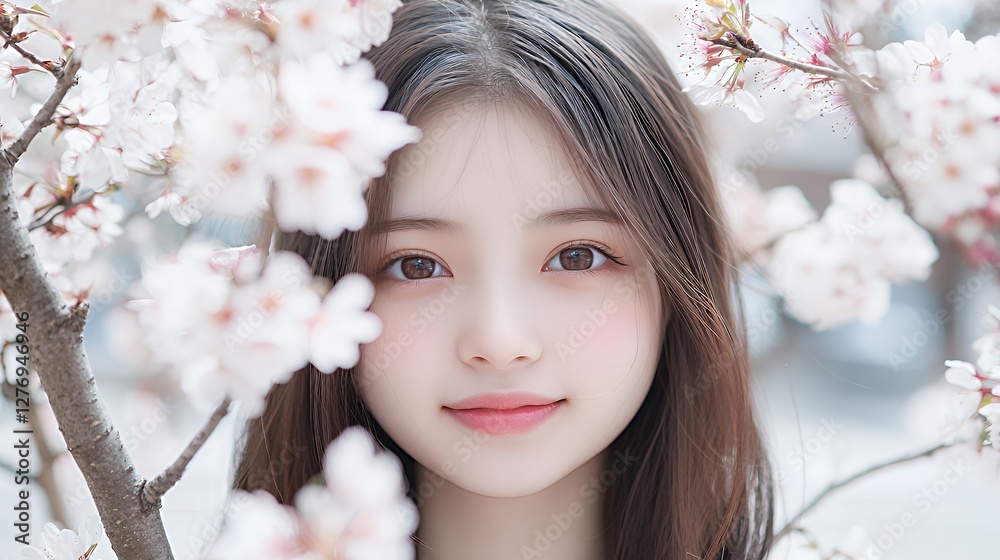 桜の木の下で微笑む美しい女性 Beautiful Woman Smiling Under Cherry Blossom Tree
