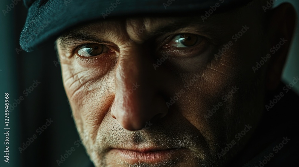 Comparison between older man's face with wrinkles, grey hair and serious expression vs. younger man's smooth skin and youthful appearance. Both wear dark clothing and caps. Comparison between older man's face with wrinkles, grey hair and serious expression vs. younger man's smooth skin and youthful appearance. Both wear dark clothing and caps.