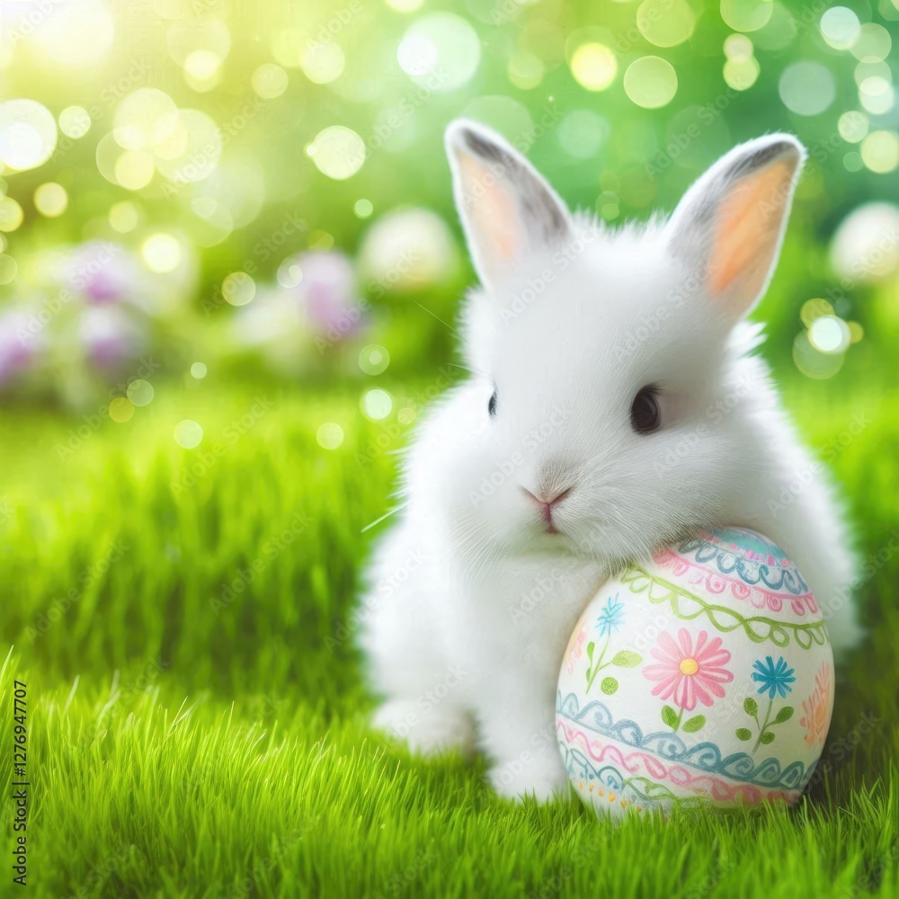 Obraz premium Charming white bunny holds a vibrant, flower-decorated Easter egg on a lush green meadow, with a soft focus on colorful flowers in warm light. Perfect for capturing the essence of Easter celebrations