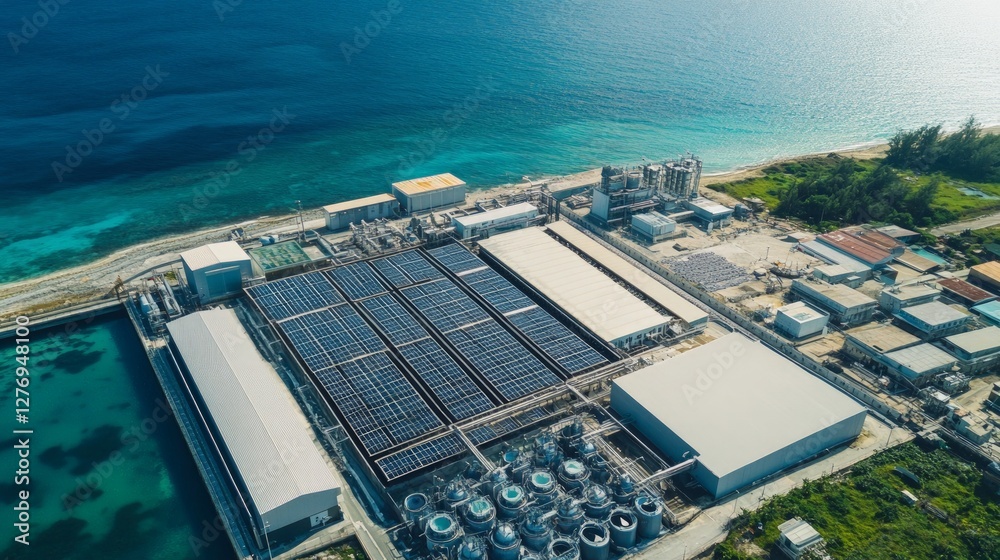 Fototapeta premium Aerial View of Solar Power Plant near Ocean with Water Treatment Facilities