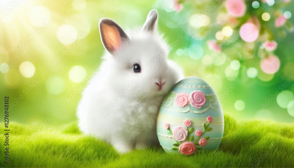 Fototapeta premium Charming white bunny holds a vibrant, flower-decorated Easter egg on a lush green meadow, with a soft focus on colorful flowers in warm light. Perfect for capturing the essence of Easter celebrations