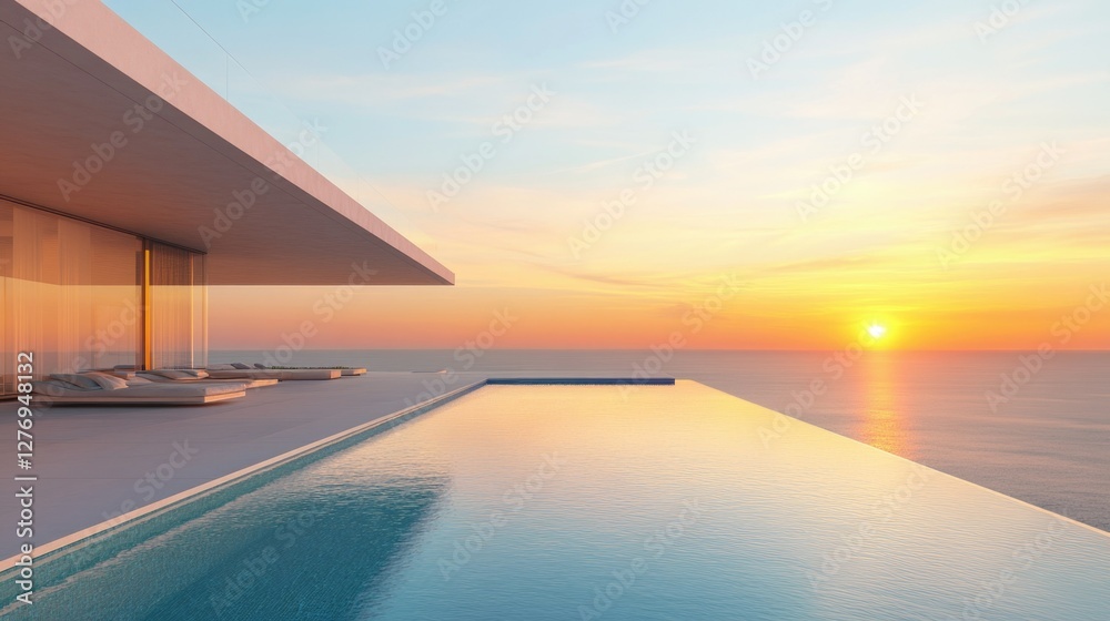 Fototapeta premium Modern architectural house with a stunning view of the ocean at sunset, set against a beautiful beach backdrop.