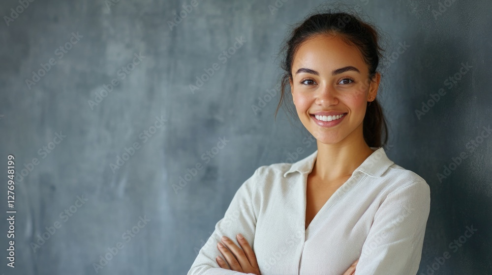 Woman with a warm smile posing for professional portrait. She is standing against a chalkboard background in front of a school, possibly indicating her pursuit or recent completion of an education. Woman with a warm smile posing for professional portrait. She is standing against a chalkboard background in front of a school, possibly indicating her pursuit or recent completion of an education.