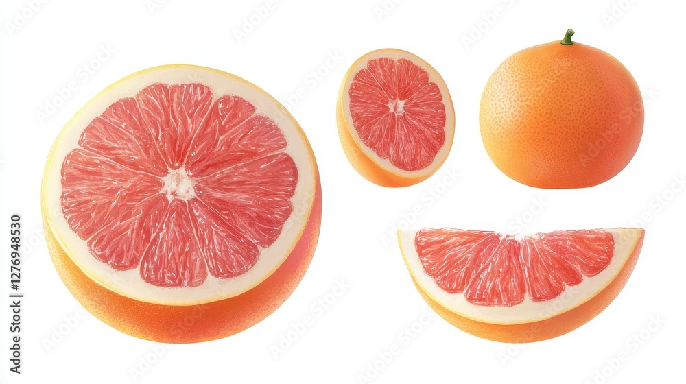 Fresh grapefruit variety: whole, half, sliced, and cross section views Fresh grapefruit variety: whole, half, sliced, and cross section views