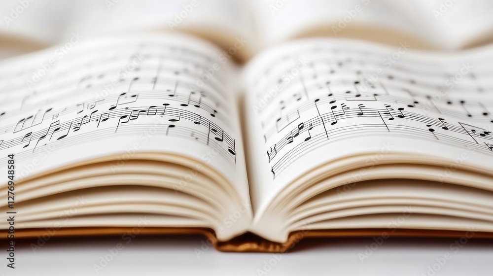 Open sheet music with visible musical notes and blurred background for creative inspiration Open sheet music with visible musical notes and blurred background for creative inspiration