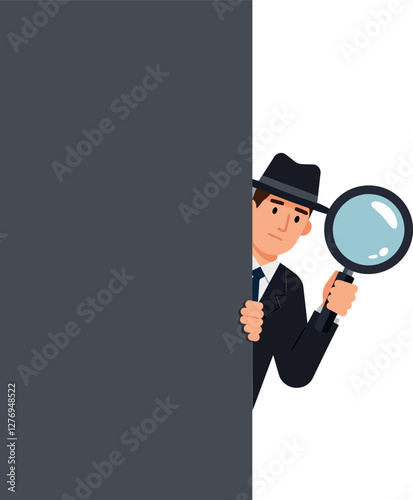 A detective peeking from behind a large gray wall holding a magnifying glass in a flat vector illustration portraying curiosity and intrigue