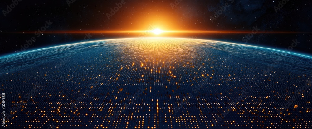 Obraz premium Global Network: Sunrise Over Earth's Digital Dawn