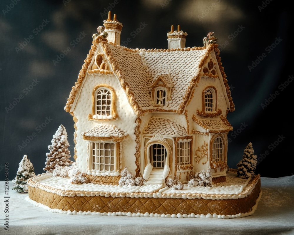 Fototapeta premium Charming White Gingerbread House with Colorful Candy Decor for Festive Celebrations