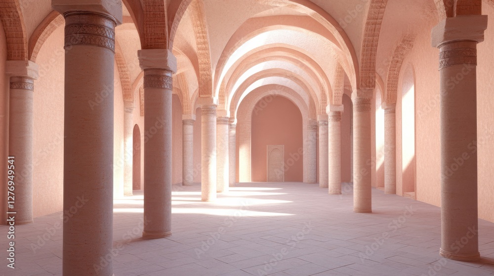 Serene Interior Space with Arched Columns and Soft Lighting Effects Serene Interior Space with Arched Columns and Soft Lighting Effects