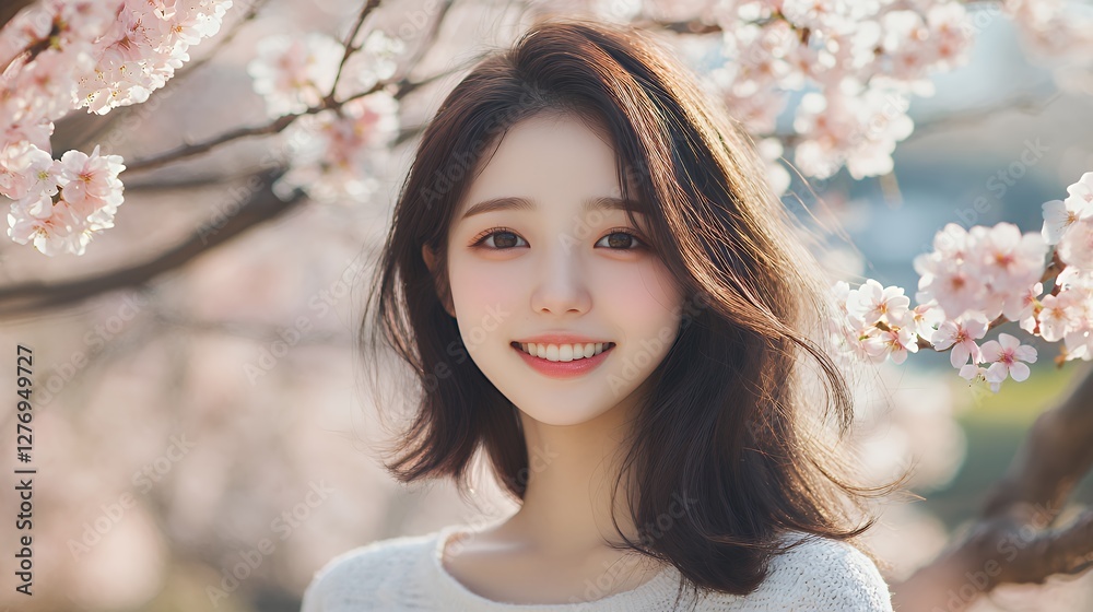 桜の木の下で微笑む美しい女性 Beautiful Woman Smiling Under Cherry Blossom Tree 桜の木の下で微笑む美しい女性 Beautiful Woman Smiling Under Cherry Blossom Tree