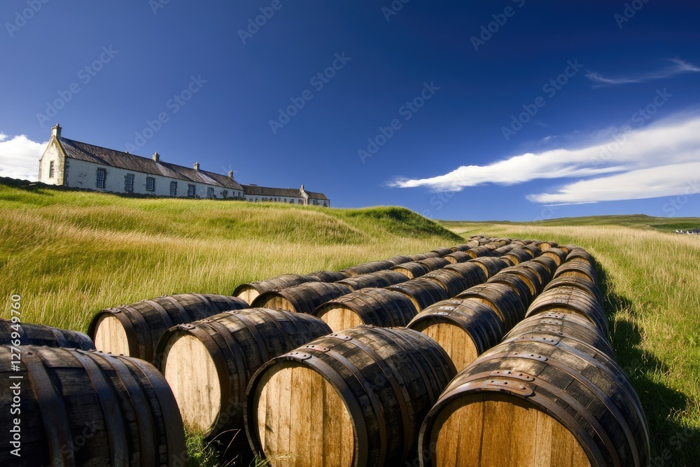 Majestic Distillery Barrels Amidst Coastal Hills Under Vast Blue Skies in Scotland Majestic Distillery Barrels Amidst Coastal Hills Under Vast Blue Skies in Scotland