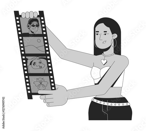 Y2k girl holding photo strip black and white 2D illustration concept. Nostalgic memories. Middle eastern woman photographer filmstrip outline character isolated. Metaphor monochrome vector art