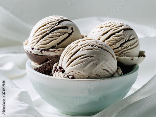 Indulgent chocolate ice cream scoops in a white bowl ready to enjoy any time.