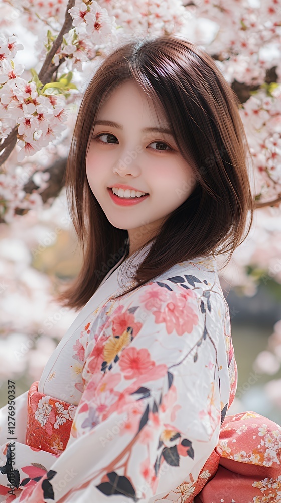 桜の木の下で微笑む美しい女性 Beautiful Woman Smiling Under Cherry Blossom Tree 桜の木の下で微笑む美しい女性 Beautiful Woman Smiling Under Cherry Blossom Tree