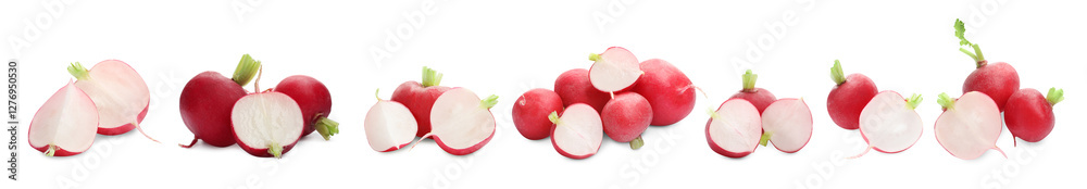 Whole and sliced fresh radishes isolated on white, set Whole and sliced fresh radishes isolated on white, set