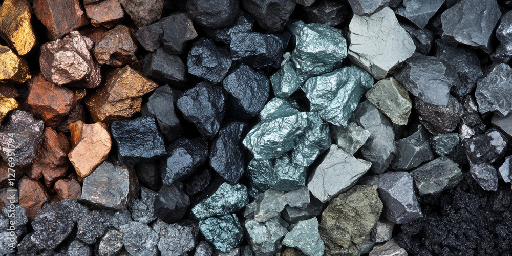 Mixture of various mining ores displayed in a spaced arrangement. Generative AI Mixture of various mining ores displayed in a spaced arrangement. Generative AI