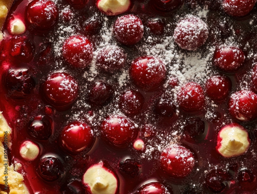 cherry pie with glossy red cherries and a thick, syrupy filling. The pie is dusted with powdered sugar, creating a contrasting visual element against the vibrant red cherries. Small dollops of a cream cherry pie with glossy red cherries and a thick, syrupy filling. The pie is dusted with powdered sugar, creating a contrasting visual element against the vibrant red cherries. Small dollops of a cream
