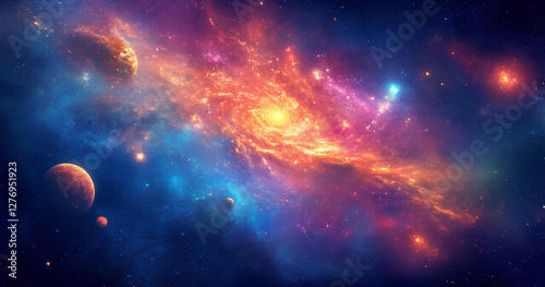 Vibrant Deep Space Nebula with Planets and Stars
