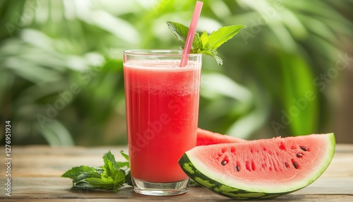 Wallpaper Mural Healthy Drink: Refreshing Watermelon Juice Shake With Fresh Watermelon And Straw On Wooden Table - A Vitamin C Boost! Torontodigital.ca