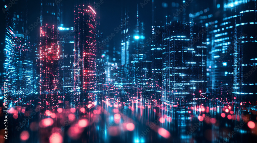 Obraz premium A cyberpunk-inspired futuristic city at night glowing with neon blue and red lights creating a high-tech and immersive digital urban environment