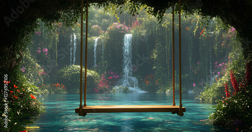 Enchanting Swing Over a Serene Waterfall Oasis

