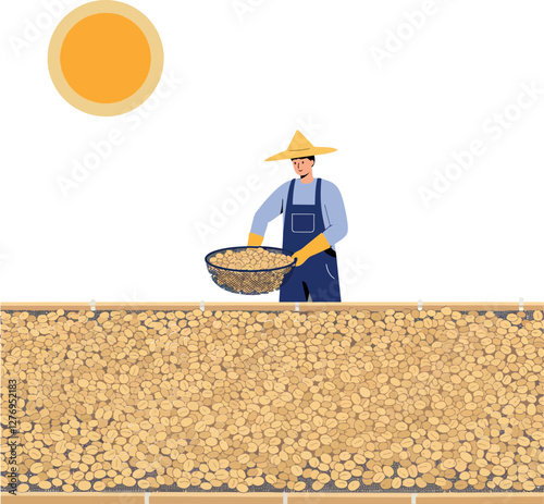 A farmer in a straw hat harvesting grains under a bright sun in a minimal and detailed vector illustration