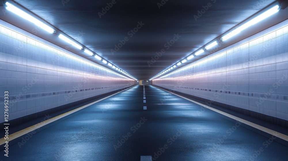 Futuristic empty tunnel with symmetrical lighting and vivid blue hues Futuristic empty tunnel with symmetrical lighting and vivid blue hues