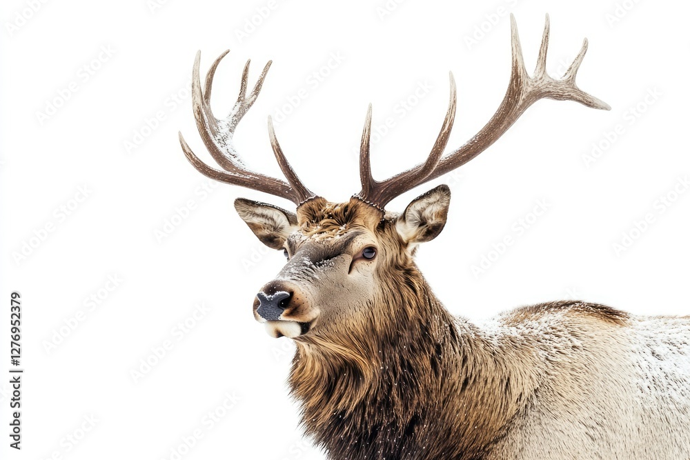 Majestic Elk Grazing in Winter's Snowy Embrace on Crisp White Backdrop Majestic Elk Grazing in Winter's Snowy Embrace on Crisp White Backdrop