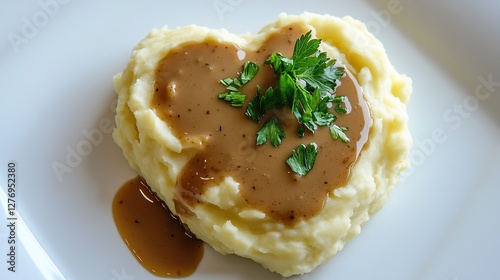 A creamy mashed potato serving presented as a heart shape