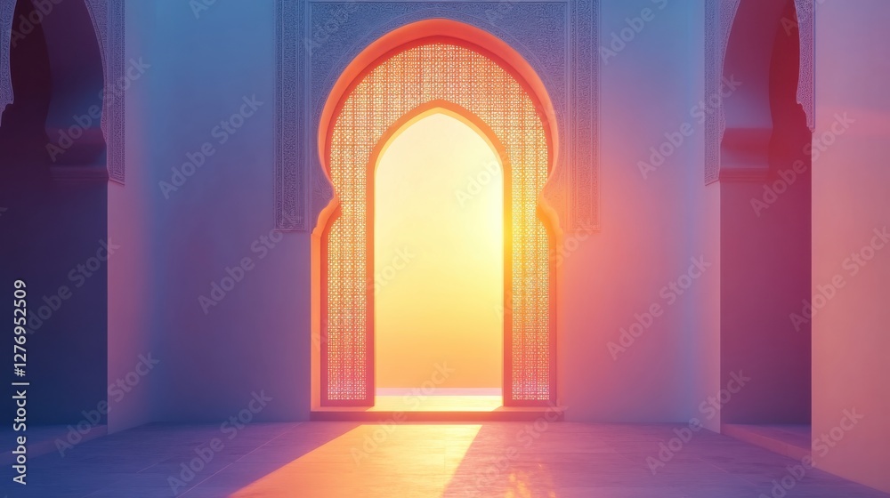 Fototapeta premium Serene Sunrise Through Intricate Archway in Tranquil Space