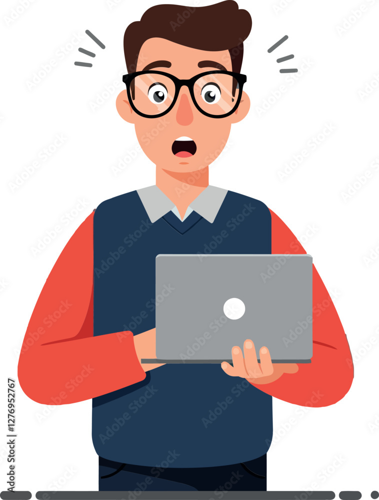 Surprised young man with glasses holding a laptop in a flat, colorful design vector illustration depicting shock and curiosity in a digital workspace setting Surprised young man with glasses holding a laptop in a flat, colorful design vector illustration depicting shock and curiosity in a digital workspace setting
