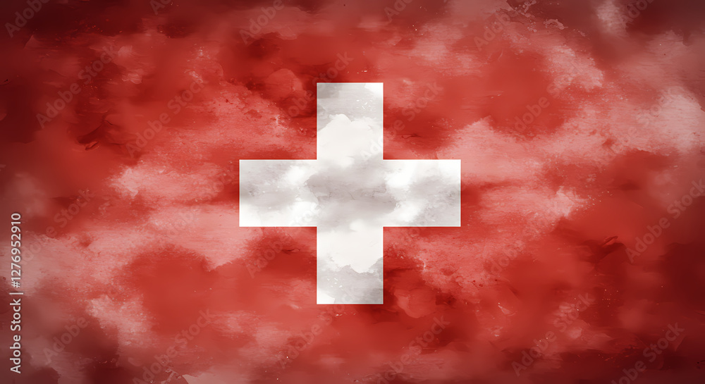 Fototapeta premium Swiss flag with red and white cross on cloudy background
