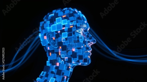 A futuristic representation of a human head composed of luminous blue cubes, symbolizing the merging of technology and humanity in a digital age of exploration.