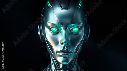 This mesmerizing image showcases a robotic visage with radiant green eyes, illustrating the blend of beauty and technology, and emphasizing the complex relationship with AI.
