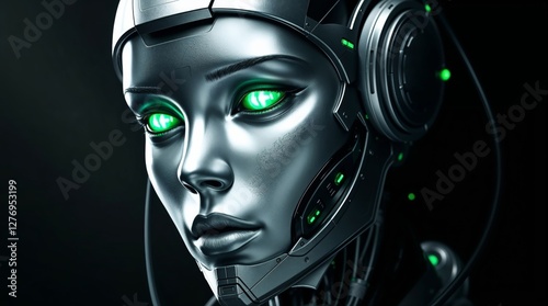 This striking close-up features a futuristic metallic robot with vivid green eyes, representing advanced artificial intelligence and the harmony between technology and humanity.
