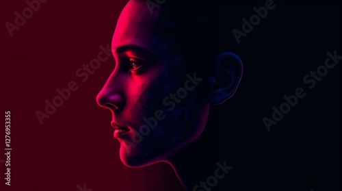 This artistic image displays a geometric profile in vibrant colors, exploring themes of identity and self-perception through abstract forms and contrasting colors.