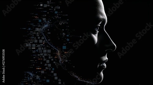 This artwork captures a human profile through a blend of abstract graphic elements, symbolizing the complex interaction between technology and human identity.