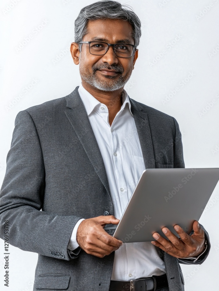 Man in suit holding laptop, smiling, professional Man in suit holding laptop, smiling, professional