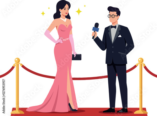 Elegant woman in a stunning pink gown posing confidently on the red carpet while an interviewer holds a microphone in stylish vector illustration