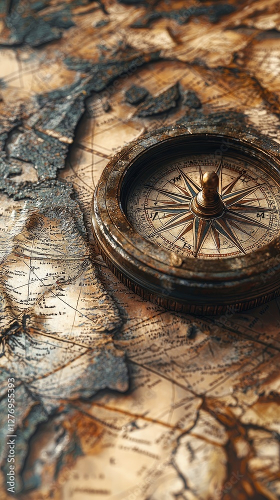 Fototapeta premium Vintage Compass on Antique Map – Old Navigation Tool Representing Adventure, Exploration, and Historical Travel in a Classic Retro Style